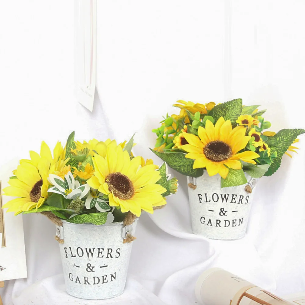 Sun Flower Metal Pot Bonsai Ornaments Plant Set Decorations Tin Bucket Artificial Daisy Bouquet With Vase Retro Sunflower | Дом и сад