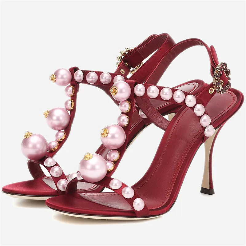 

Elegant Wine Red Summer Formal Shoes Pearl Decor Party Shoes Women T-strap Open Toe Sandals Shoes Ladies High Heels