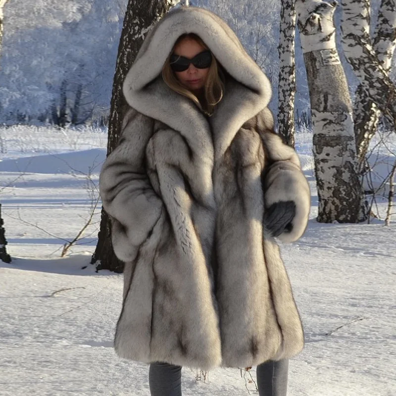 

100cm Long Real Fox Fur Coat with Hood Winter Fashion Thick Warm Fur Overcoats Female High Street Genuine Fox Fur Coat Full Pelt
