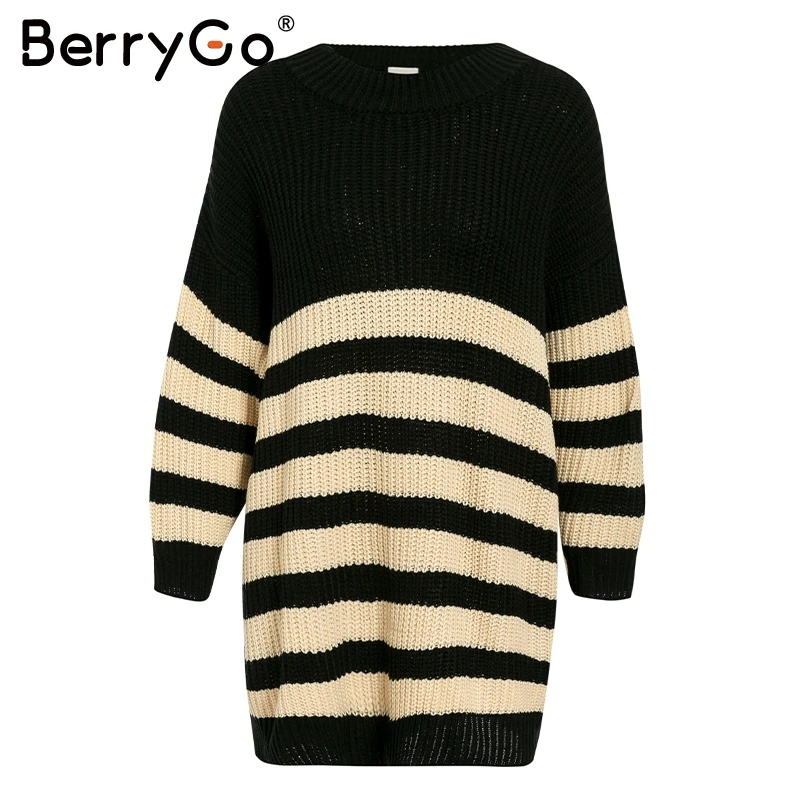 BerryGo Oversize striped knitted pullover sweater women Loose autumn winter female Long sleeve streetwear ladies jumper | Женская одежда