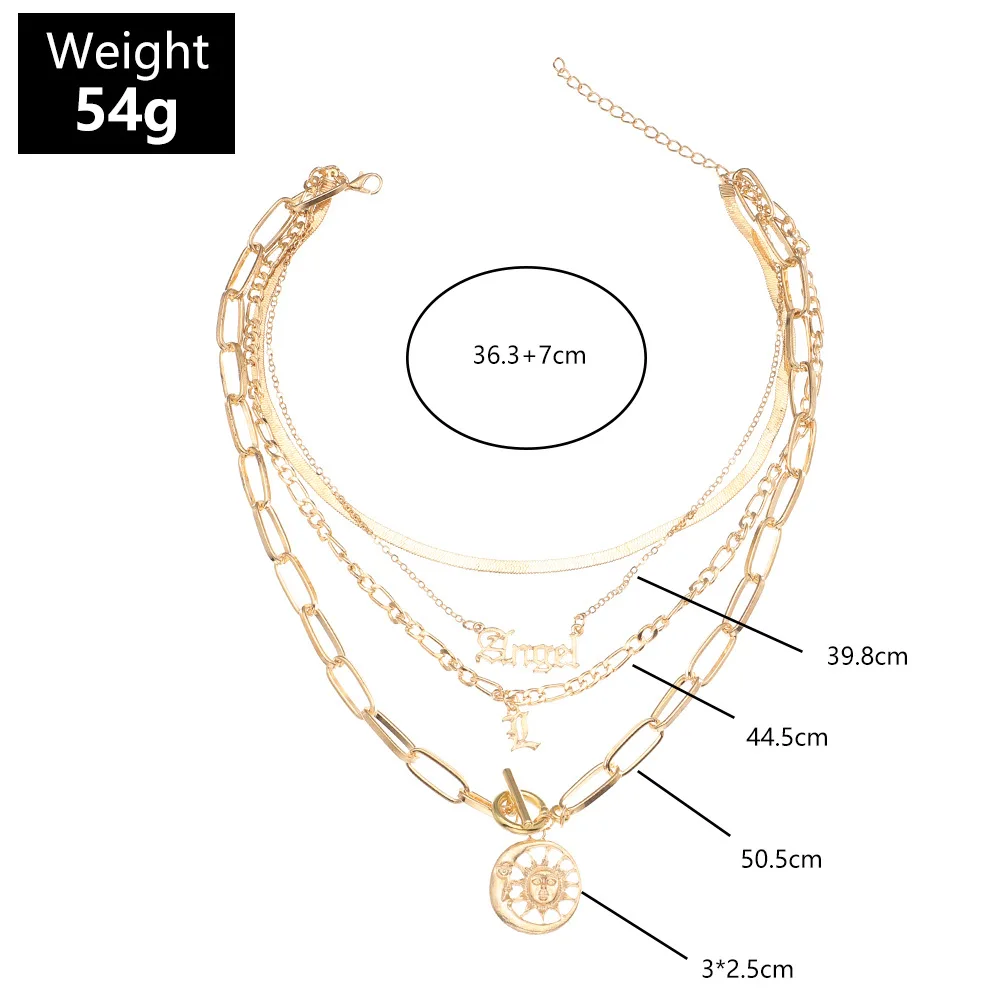 

Vintage Multilayer Punk Angel Letters Pendant Necklace Women Gold Color Sun Pendant Necklaces Jewelry for Girls New Arrivals