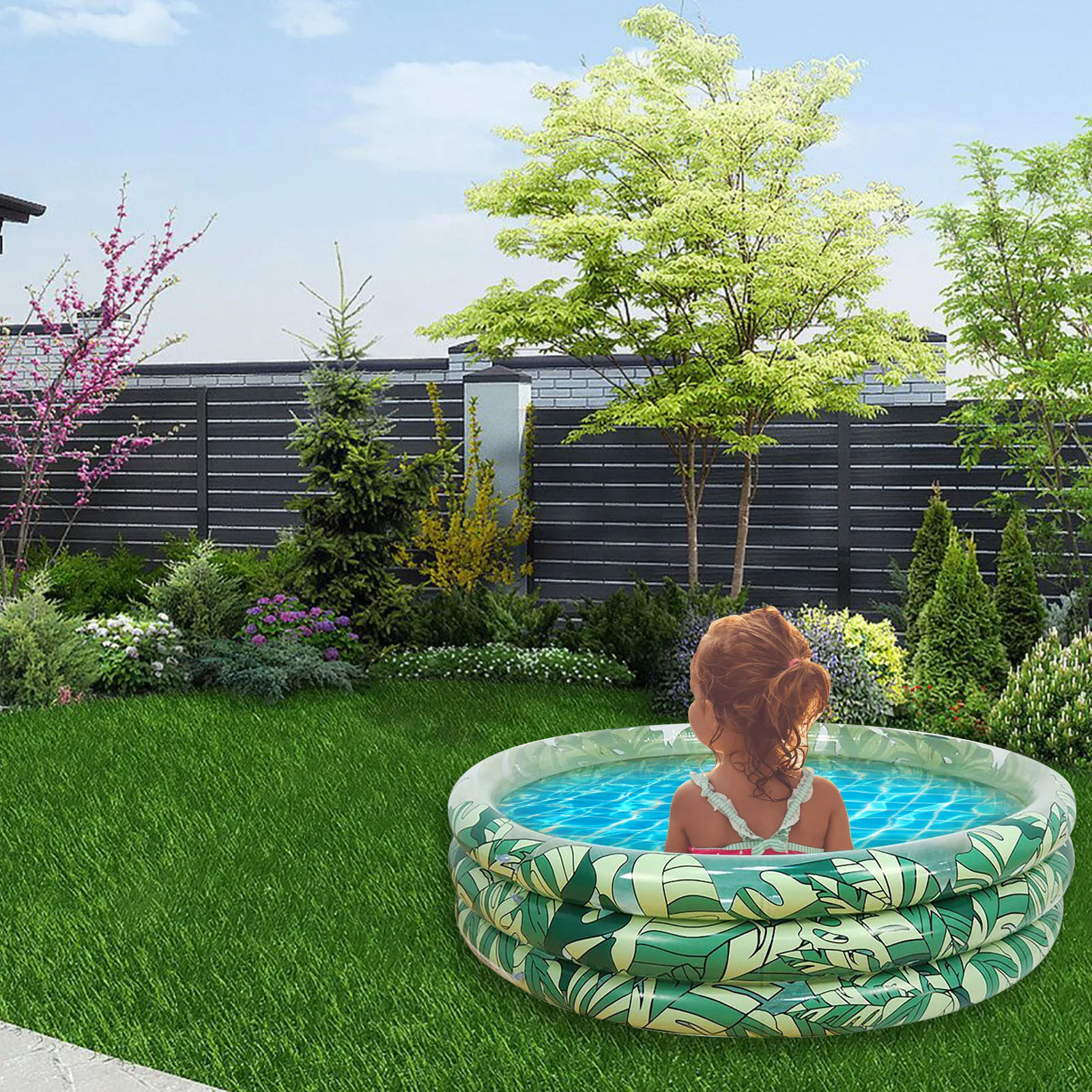 

Inflatable Swimming Pool Kids Full-sized Family Swim Ball Pool Built Hawaii Green Leaf Cartoon Print 3-layer Swimming Pool