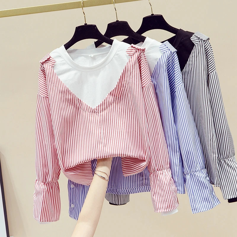 

Женская рубашка в полоску, с круглым вырезом и длинными рукавами