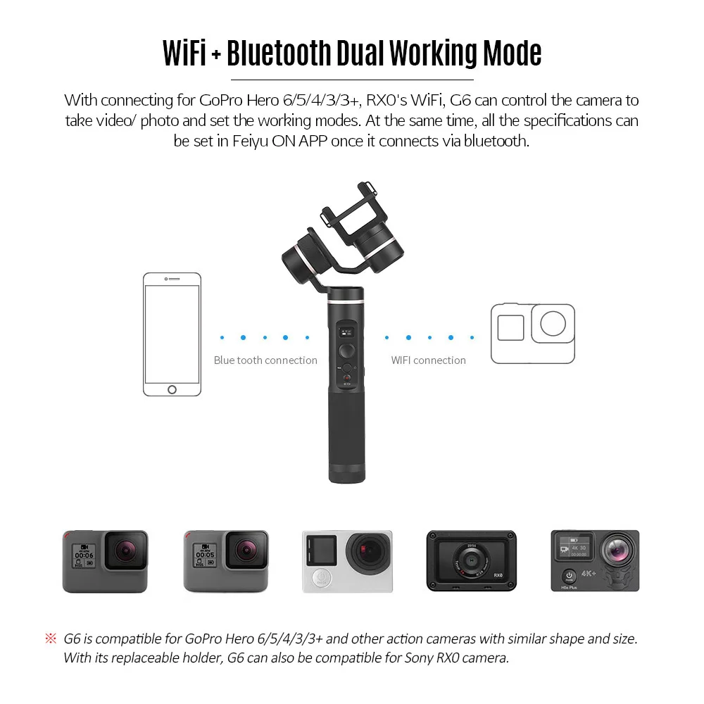 FeiyuTech G6 3-осевой Wi-Fi Bluetooth стабилизированный брызгозащищенное портативная экшн-Камера карданный стабилизатор для экшн-камеры GoPro Hero 6 5 4 RX0