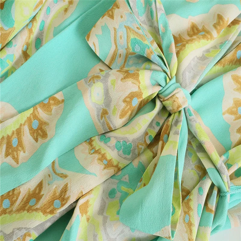 

2021 Bow Print Blouse Women Long Sleeve Tied Belt Vintage Loose Blouses Woman Chic Button Up Wrap Summer Top Blue Pleat Shirt