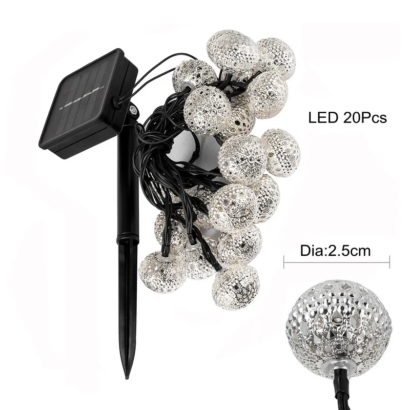 Гирлянда с 20 светодиодами на солнечной батарее марокканские серебряные шарики