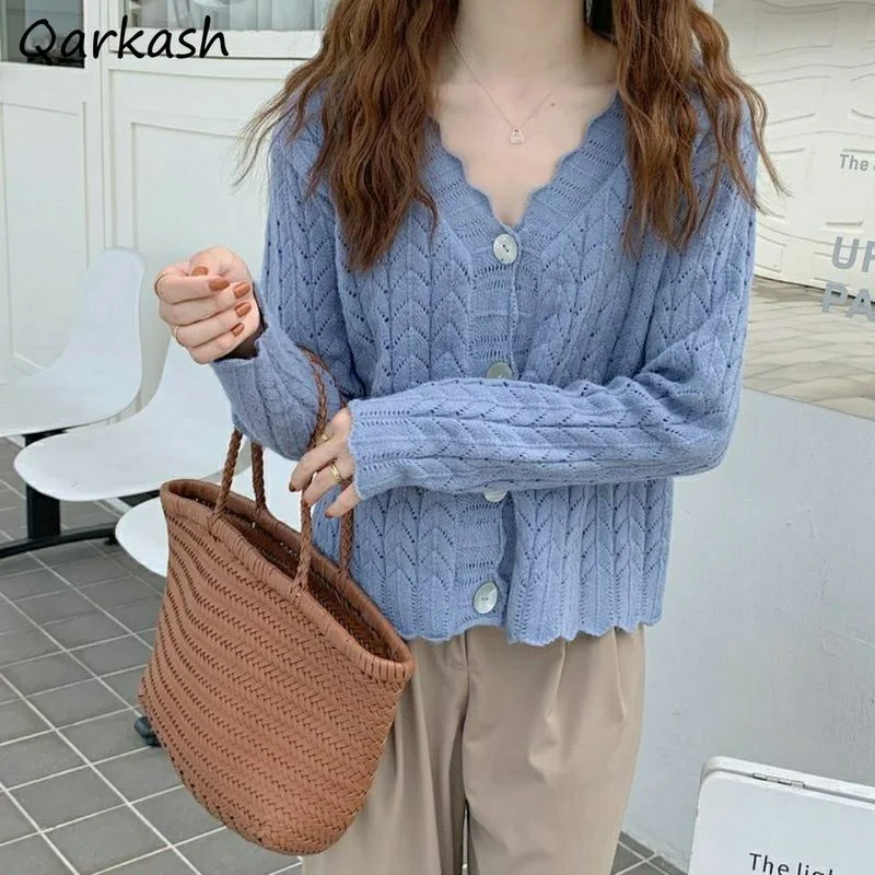 

Cardigan Women Long Sleeve Sweater Warm Elegant Vintage Single Breasted Hollow Out All-match Solid Girls Students Daily V-neck