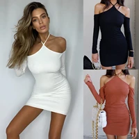 skmy fall 2021 womens fashion new long sleeve halter neck off the shoulder dress slim solid color bodycon mini dress clubwear