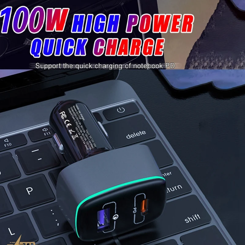 Тип C автомобильное зарядное устройство PD 100W светодиодным дисплеем и двойным