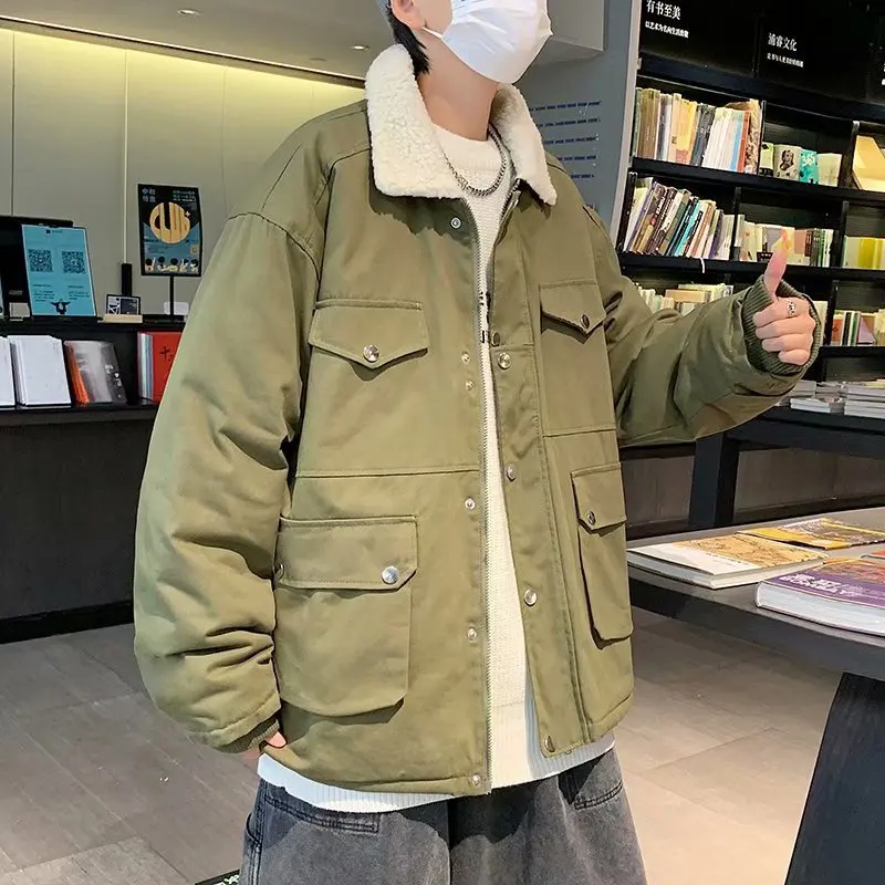 Japanese Retro Tooling Cotton-padded Jacket Men's Multi-pocket Loose Coat Imitation Lamb Fur Collar American Winter Jacket Men