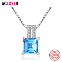aglover 2019 new 925 sterling silver necklace luxury blue zircon square pendant for woman wedding glamour jewelry couple gift