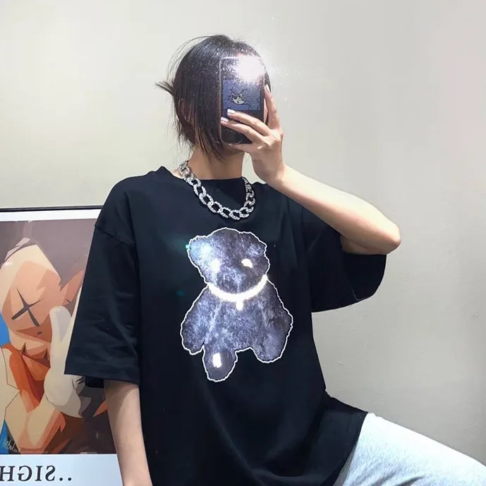 

WE11DONE Bear Short Sleeve Reflective Printing Pearl Necklace Tide Brand High Street Couple Casual Loose oversized t shirt