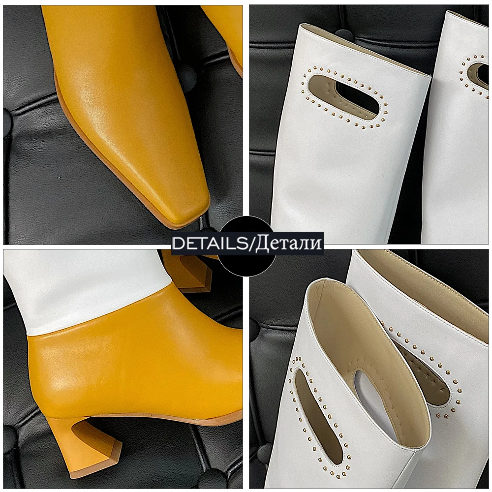 

ISNOM Ladies Pu Leather Knee Boots Fashion Rivet Strange High Heel Shoes Square Toe Bootie Autumn Winter Boots 2021