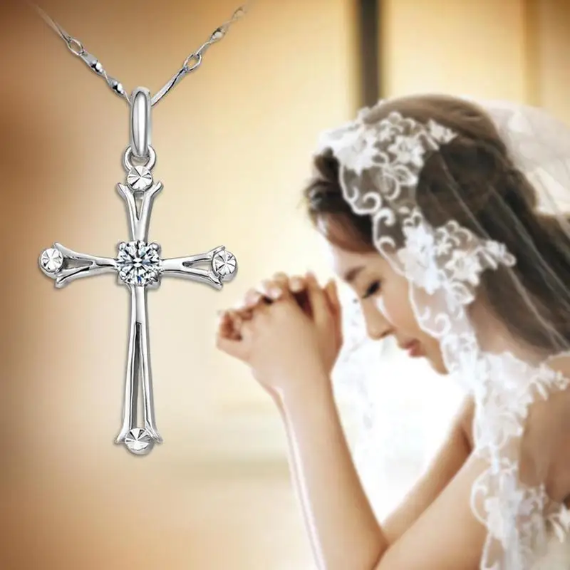 Кристалл Иисуса Креста ожерелье невесты серебряный один кристалл кулон Женская