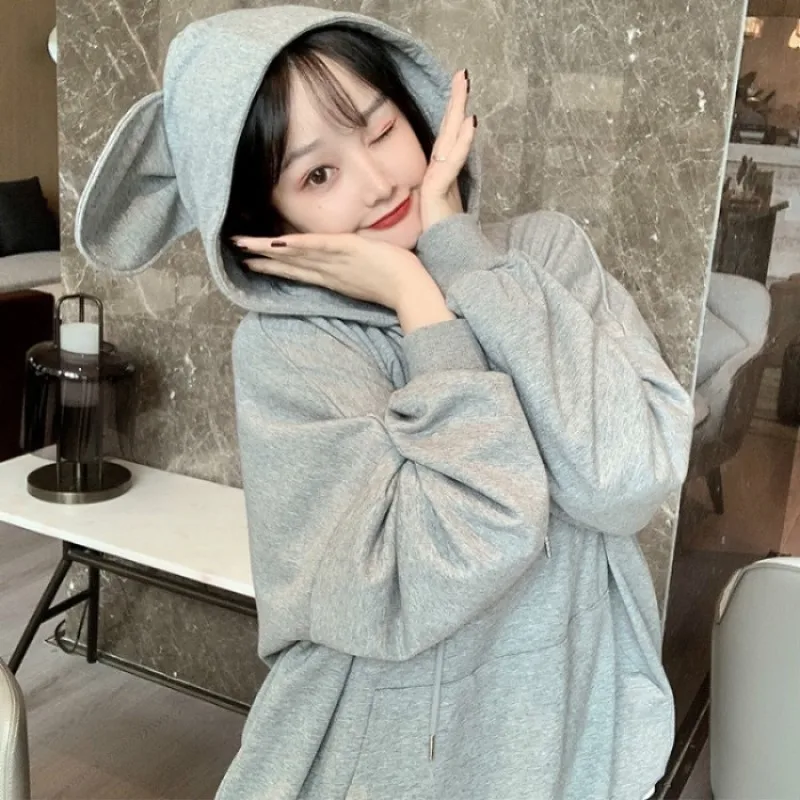 

Женский свитер на весну и осень, толстовка с длинным рукавом, серая однотонная Повседневная Милая рубашка с капюшоном в студенческом стиле, ...