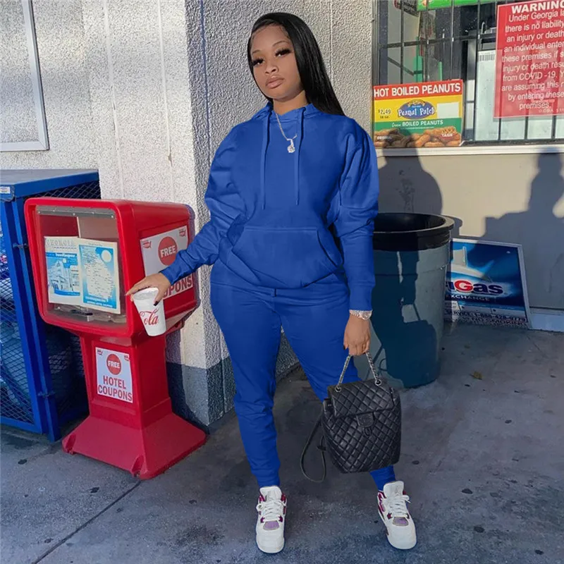 

Sporty Active Wear Two Piece Pant Suit Athleisure Outfit Hooded Drawstring Long Sleeve Hoodie and Jogger Sweatpant Tracksuits