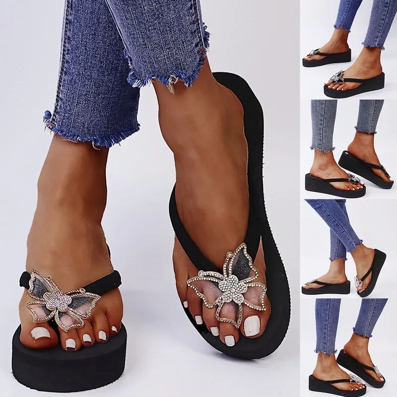 

Summer Indoor Ladies Non-slip Flip-flops Korean Crystal Butterfly Thick-soled Sandals Soft-soled Outdoor Slippers XL