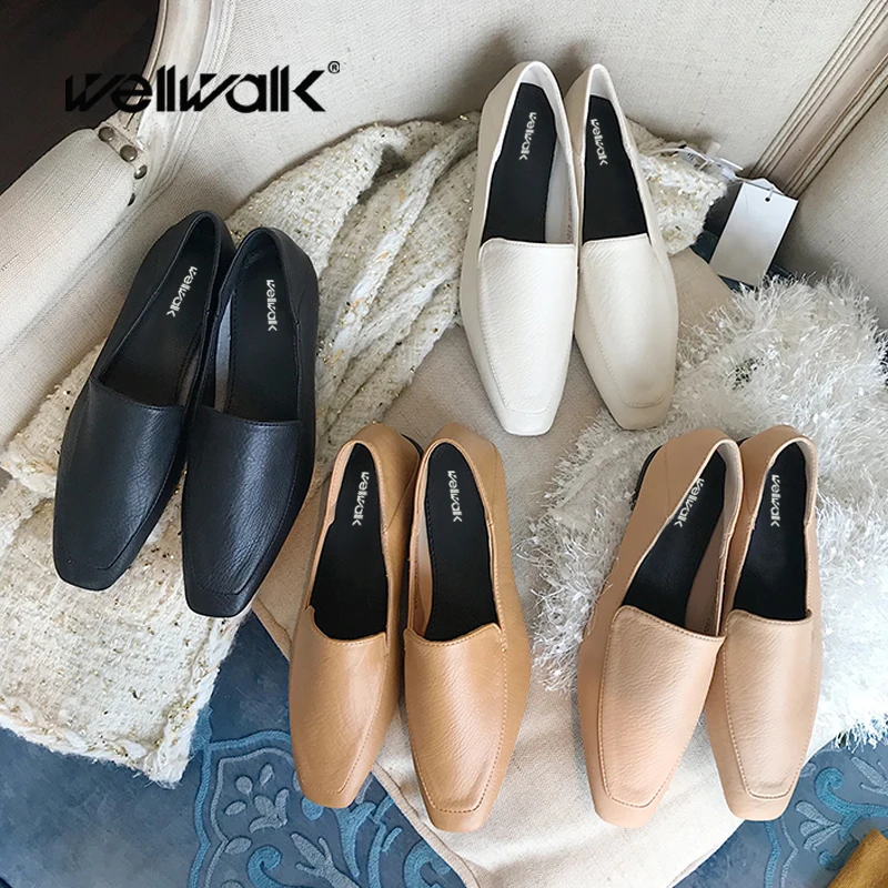 Женские мокасины без застежки на плоской подошве с квадратным носком туфли