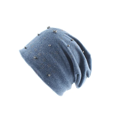 Модная однотонная женская шапка Skullies Beanies с жемчугом и стразами, зимняя женская шапка, осенняя вязаная шапка из мягкого хлопка - Цвет: Синий