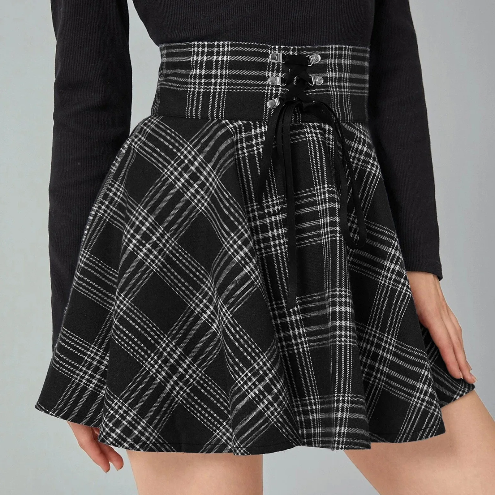 

Women kawaii Retro Punk Plaid Print Skirts Strap Zipper Short A-line Skirt Slim Fork Opening Stylish Strap Zipper Clothes 2022