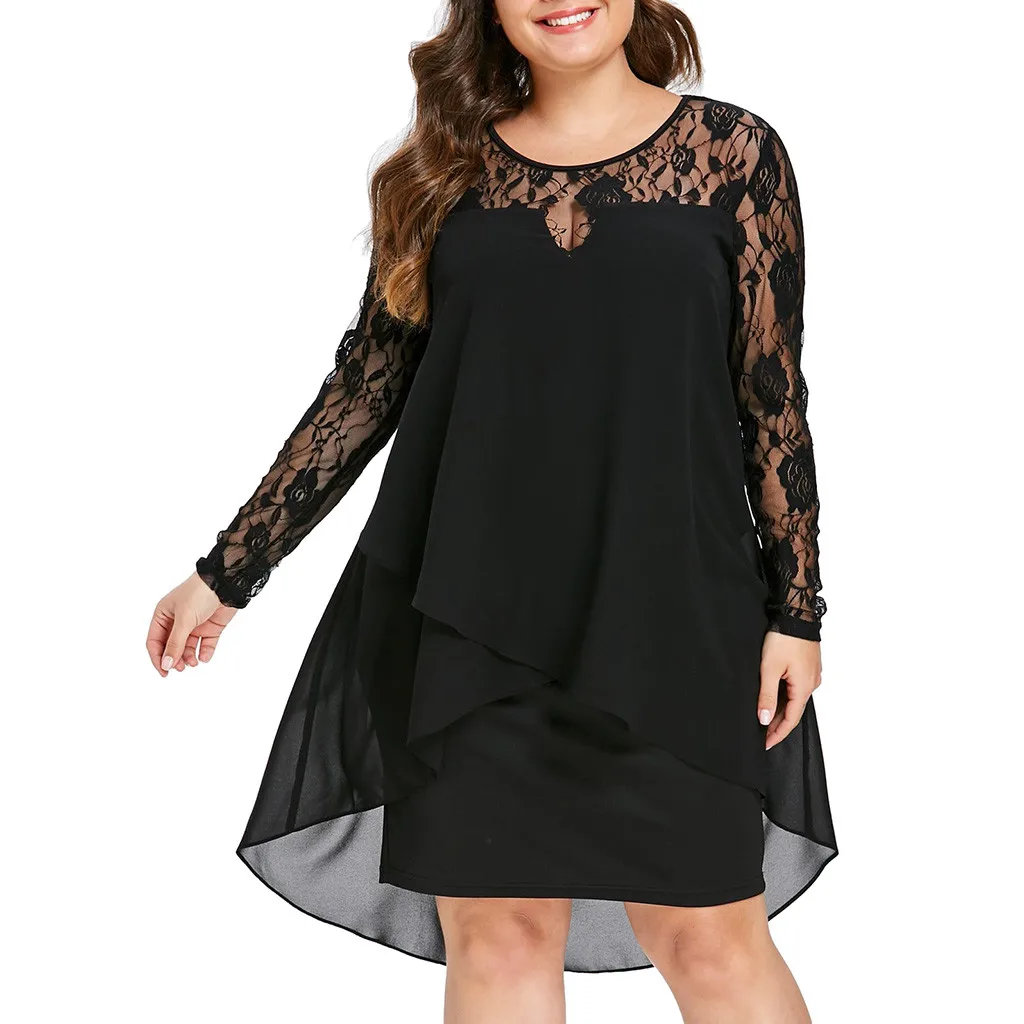 35&amp Women Lace Dress Casual Plus Size Sheer Sleeve High Low Hem O-Neck Swing Vestidos Mujer Autumn | Женская одежда
