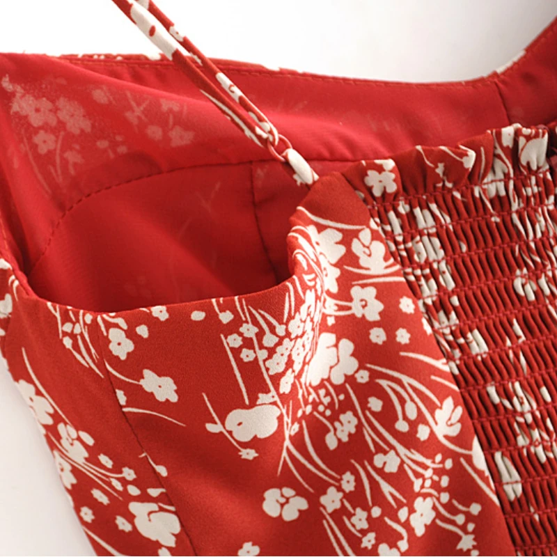 

Fashion France Sweet Vestido Vintage Red 2021 New Floral Print A-Line Summer Dresses Basic Spaghetti Straps Women Mini NZ0171