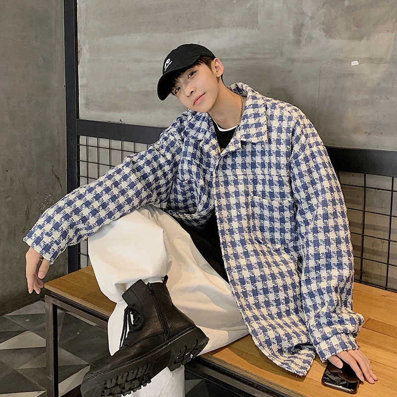 

Осень 2021 Новое поступление Модная свободная ткань в клетку повседневная куртка твидовая клетчатая синяя модная одежда в Корейском стиле ре...