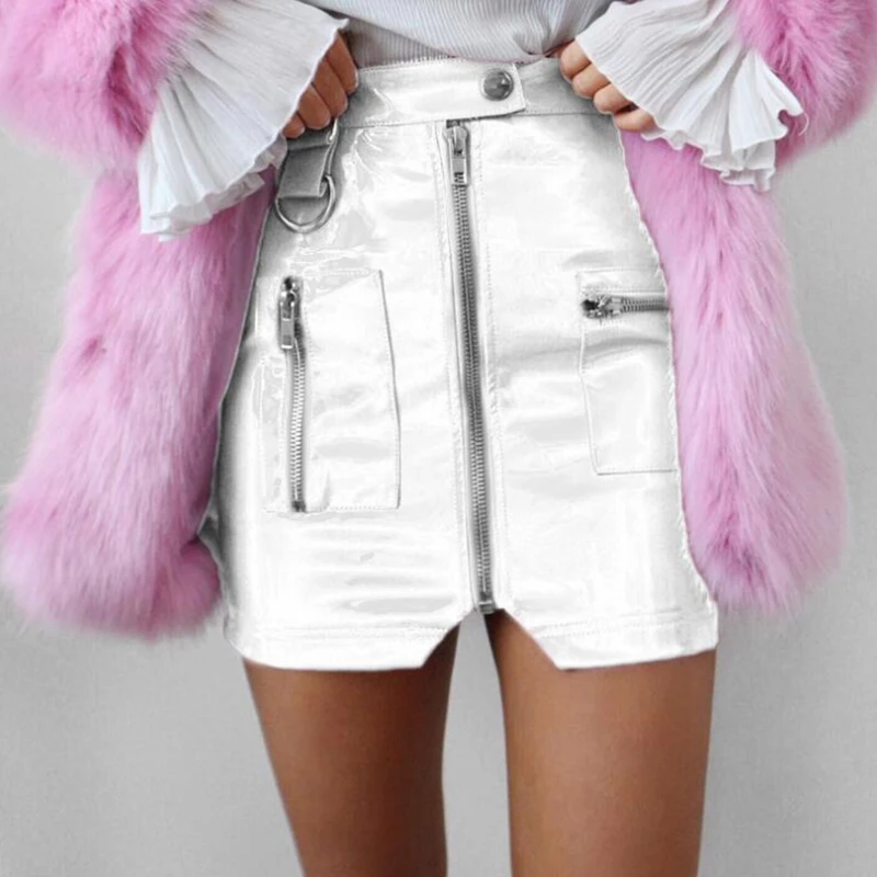 

2021 Solid Color Sexy Pocket Zipper PU Leather Short Skirt Female European American Retro Irregular Bag Hip Women's Skirt 9523#