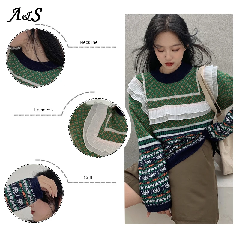 

Anbenser Lace Patchwork Knitting Sweater Women Casual Loose Turtleneck Long Sleeve Pullovers New Fashion Japanese Style Sweaters