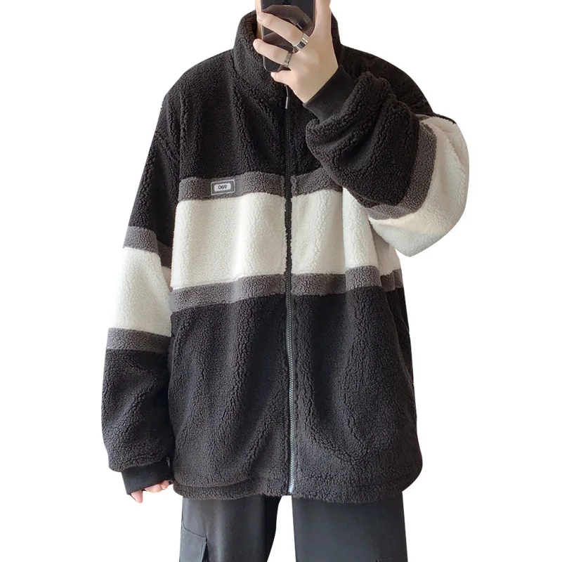 

Color Matching Lamb Wool Jacket Men's Thickened Fried Street Hong Kong Style BF Fleece-Lined Warm and Trendy Coat