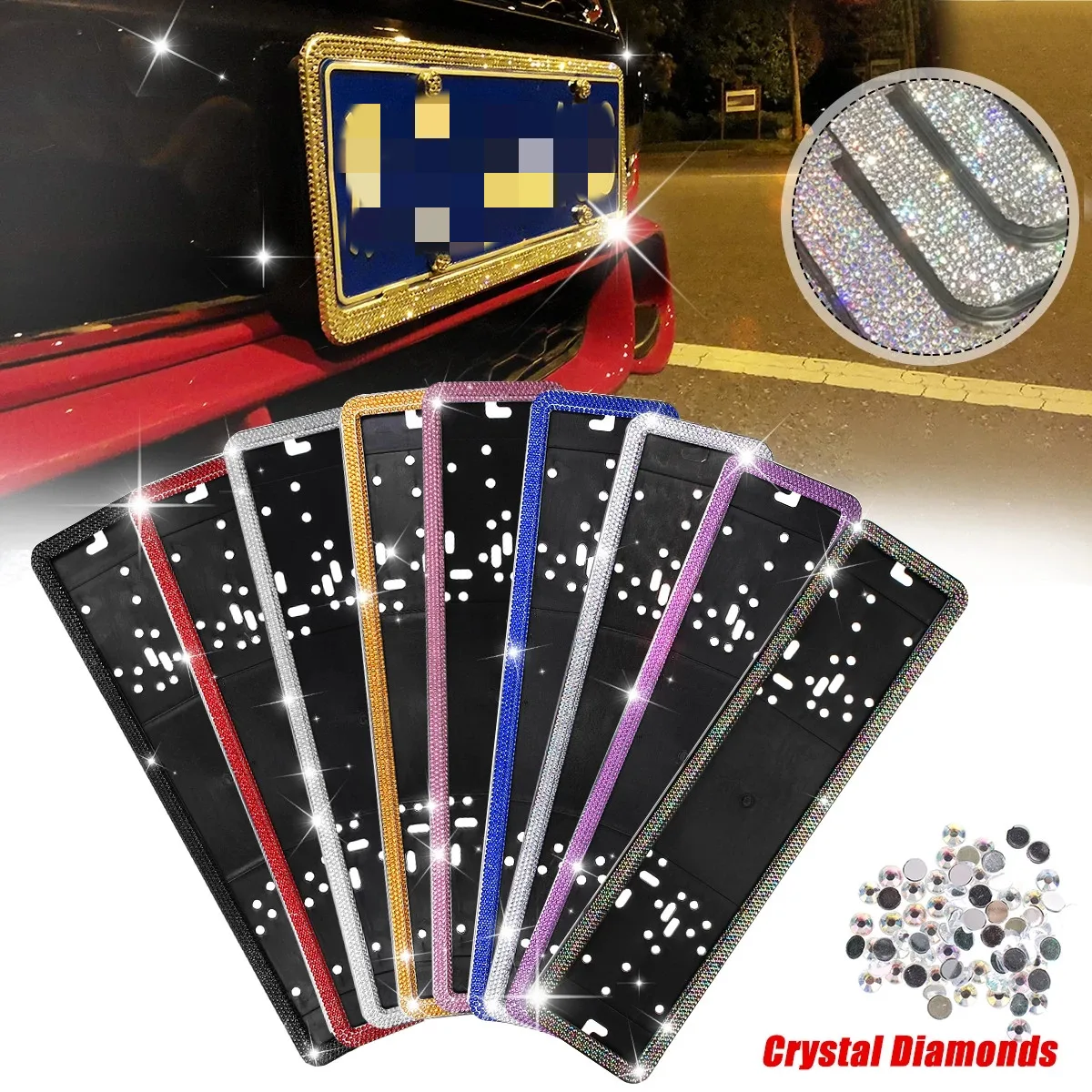 

1PCS Russian Car European License Plate Frame Luxurious Crystal 4 Diamond Rows Number Plate Holder Front Rear Plate