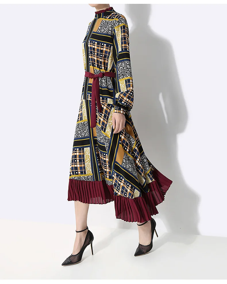 [EAM] Women Pattern Print Pleated Hit Color Dress New Stand Neck Long Sleeve Loose Fit Fashion Tide Spring Autumn 1A884