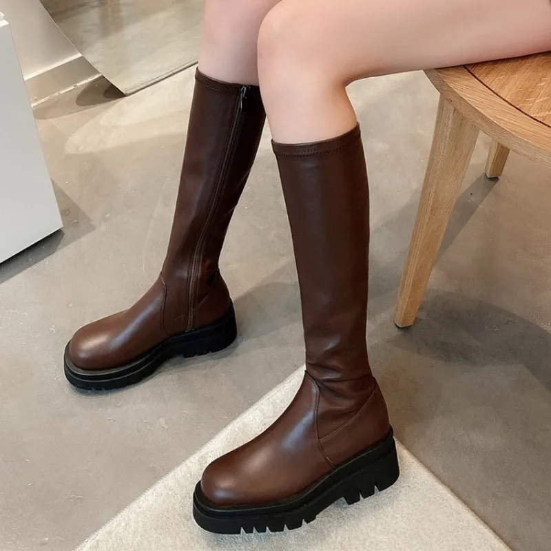 2020 New Fashion Knee High Boots Female Square Heels Round Toe Winter Women Boots Chunky Platform Genuine Leather Side Zip Boots