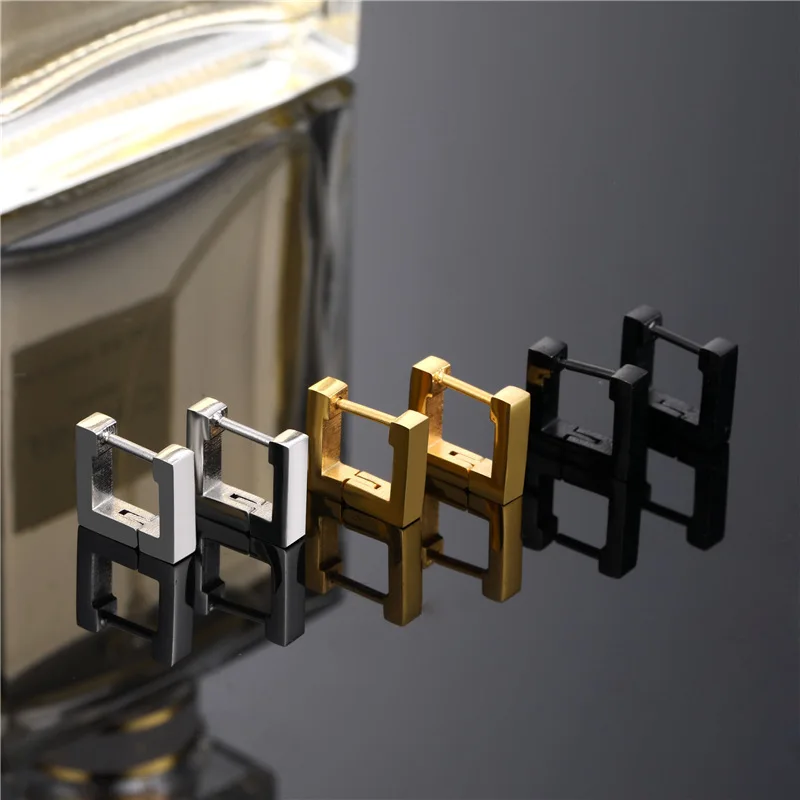 

New Geometric Square Earrings for Men Gold Black Silver Color Hoop Punk Earring Fashion Male Jewelry