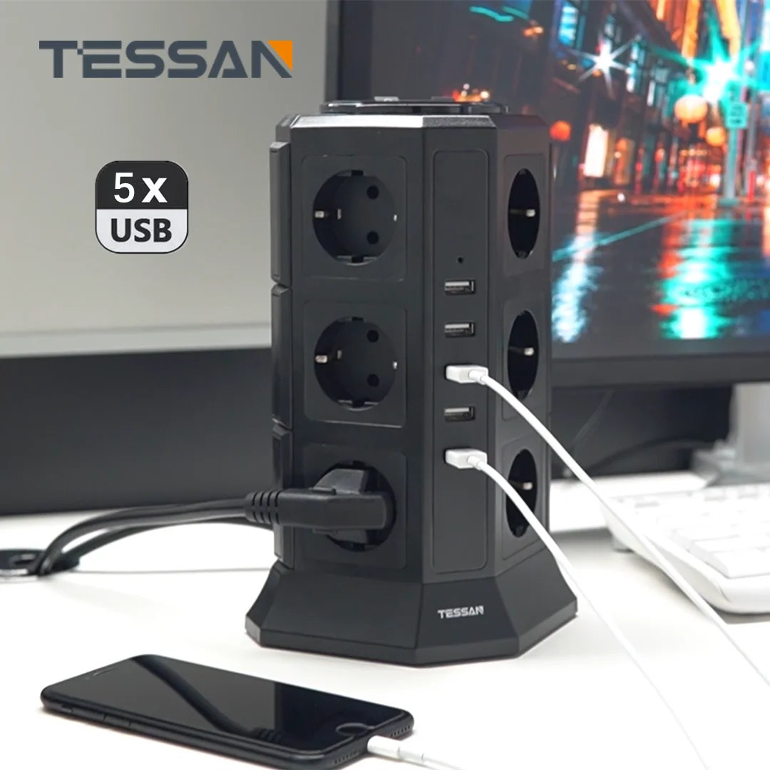 

TESSAN Multi Sockets EU Plug Power Strip Tower with 12 Outlets 5 USB Ports 2M Extension Cable Overload Protection On/Off Switch