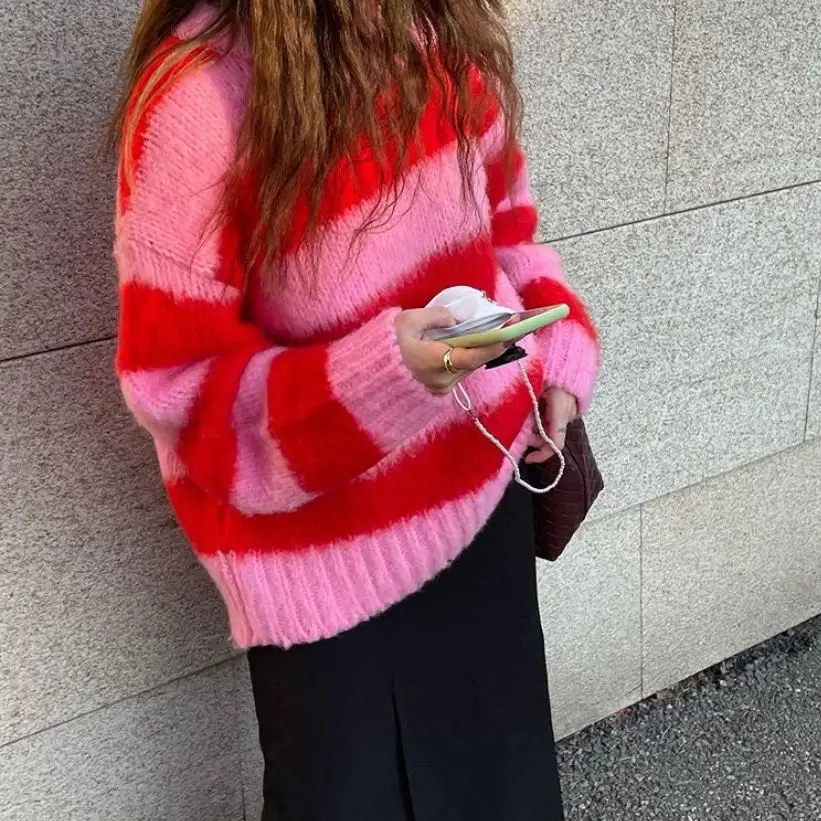 

Full Sweater Women Casual All Match Striped O-Neck Pullovers