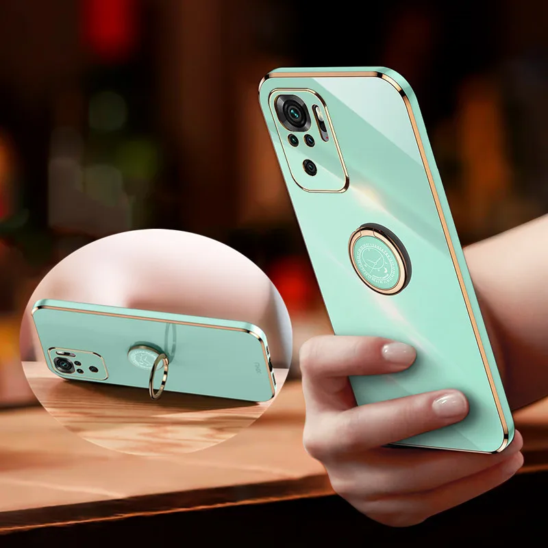 

For Xiaomi Redmi Note 10 4G 10S Case Luxury Plating Silicone Cover With Ring Holder Stand For Redmi Note10 Pro Max 10T Cover