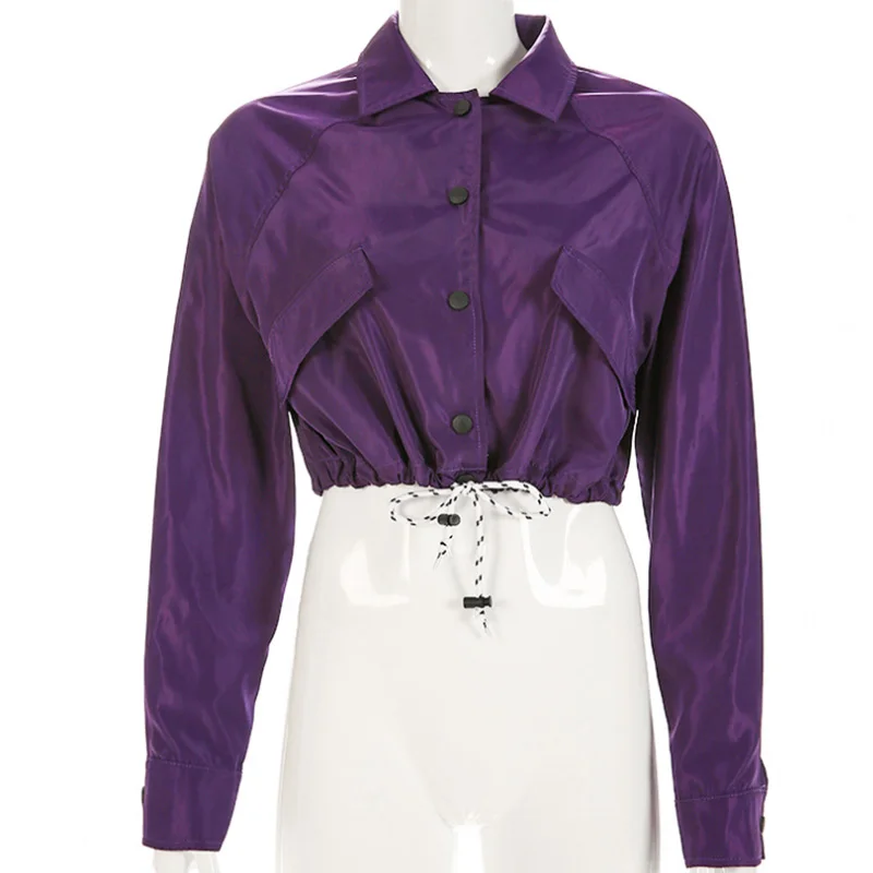 

Lucyever Purple Coats and Jackets Women 2020 Turn-down Collar Short Navel Jacket Woman Drawstring Single Breasted Tops Mujer