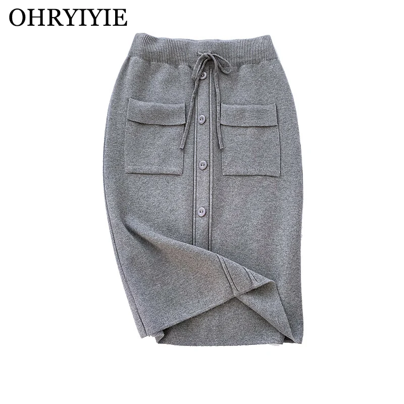 OHRYIYIE, высокая эластичность, вязаные юбки для женщин, Осень-зима, длина до колена, трапециевидная юбка, женская, с карманами, однобортная юбка, Jupe Longue