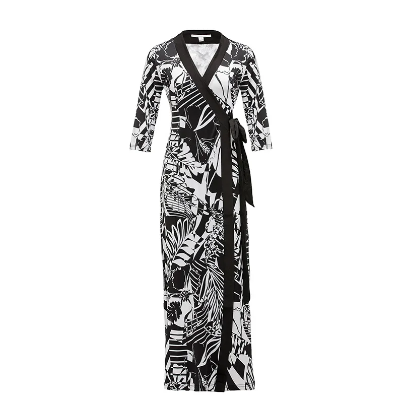 

2020 Spring And Summer New Style Fashion Elegant Printed Long Wrap Dress Sexy Slim Fit Sheath V-neck Dress Women's