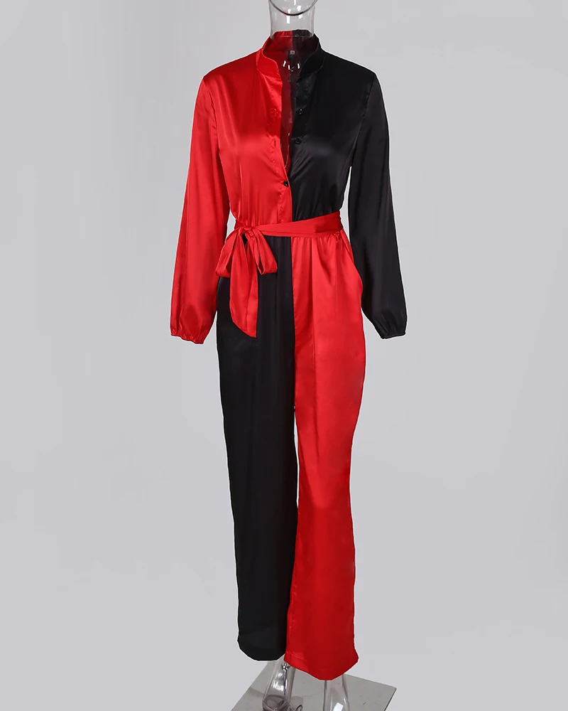 2020 Women Elegant Fashion Casual Jumpsuits Female Stylish Leisure Party Romper Colorblock Long Sleeve Knotted Jumpsuit