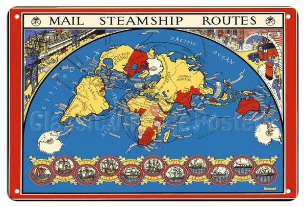 

Международная почтовая Почта Steamship Routes - 1937 винтажная карта металлический жестяной знак