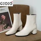 Модные осенние женские ботинки в британском стиле, женские ботинки с квадратным носком и низким верхом, белые мартинсы, короткие ботинки на толстом каблуке, новинка