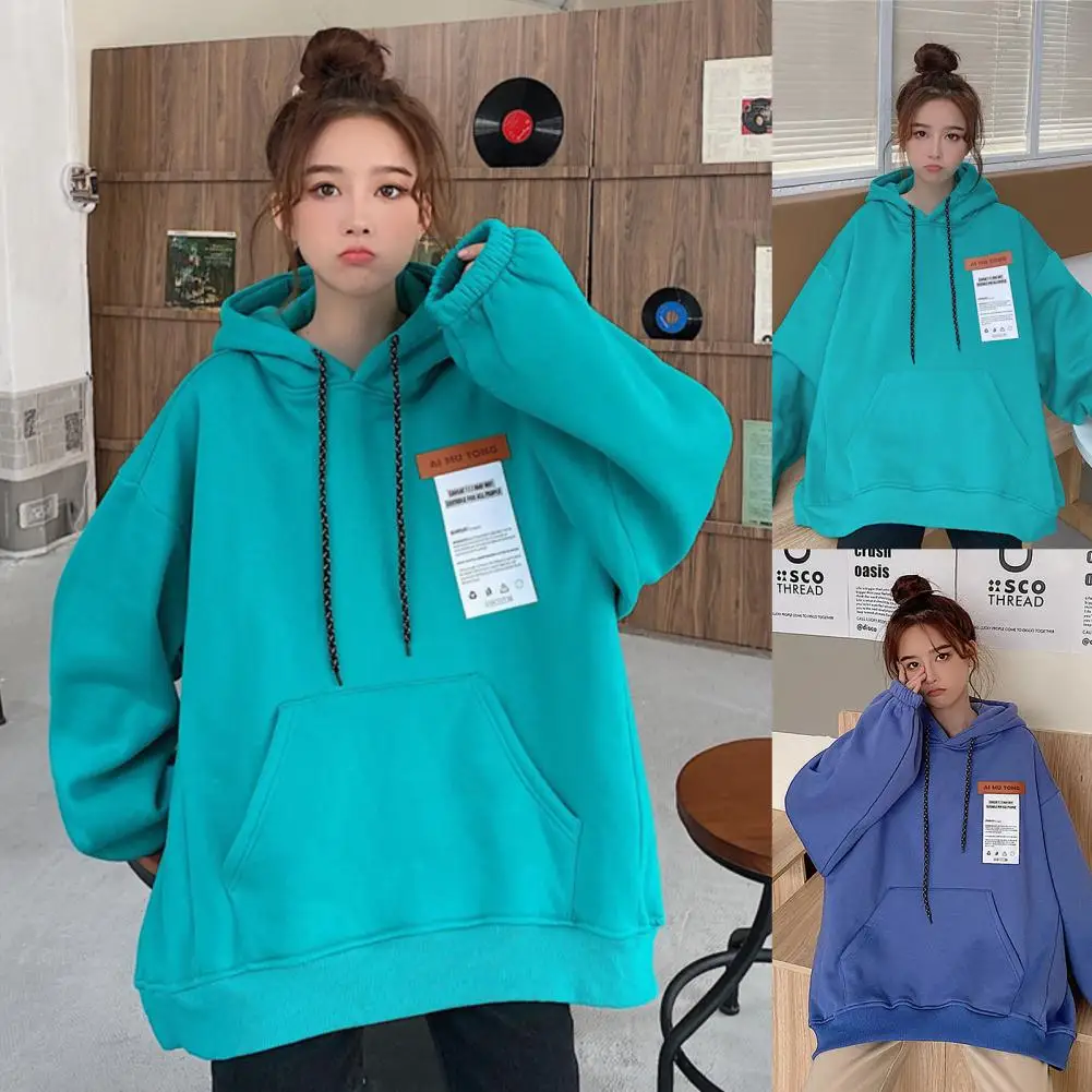 Women Autumn Long Sleeve Solid Color Oversize Plush Thick Warm Hoodie Sweatshirt