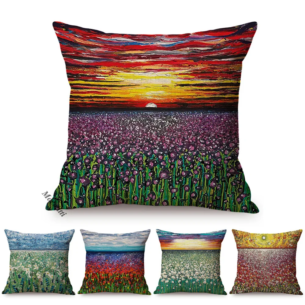 

Декоративный Чехол-подушка с изображением пейзажа восхода солнца и масляной живописи, чехол для дивана с изображением заката, цветов, моря, стула, подушки для гостиной