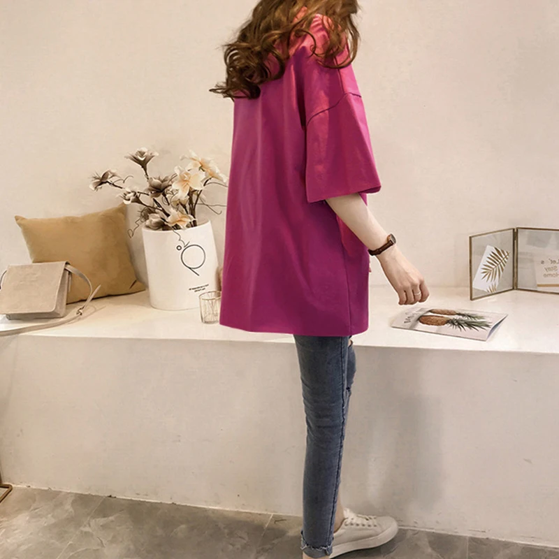 

CN Women T Shirts 2021 Korean Summer O Neck Solid Preppy Style Women's Top Casual Short Sleeve Straight Oversized T Shirt