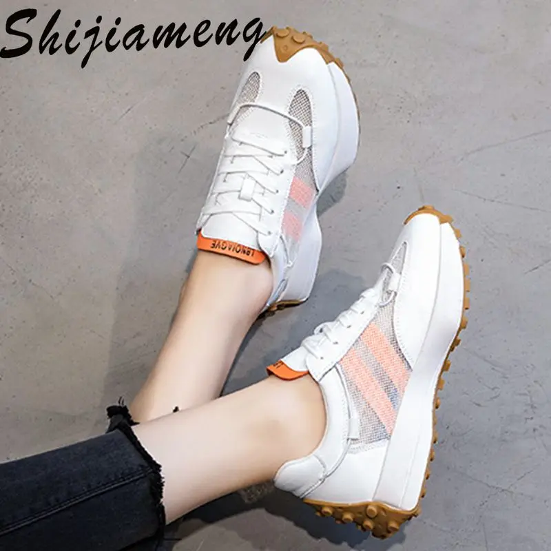 

Leather women's shoes: summer through large mesh women's shoes with thick sole and small opening sports shoes women