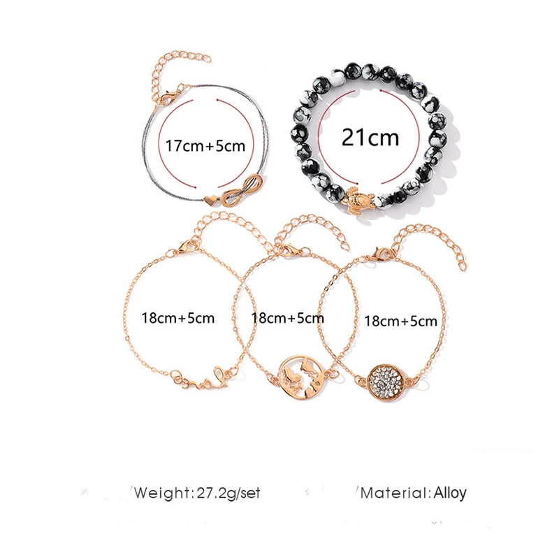 5 PCS/Set World Map Tortoise Bead Charm Bracelets for Women Mental Heart Bracelet&ampBangle Hand Accessories Party Jewelry c005 | Украшения