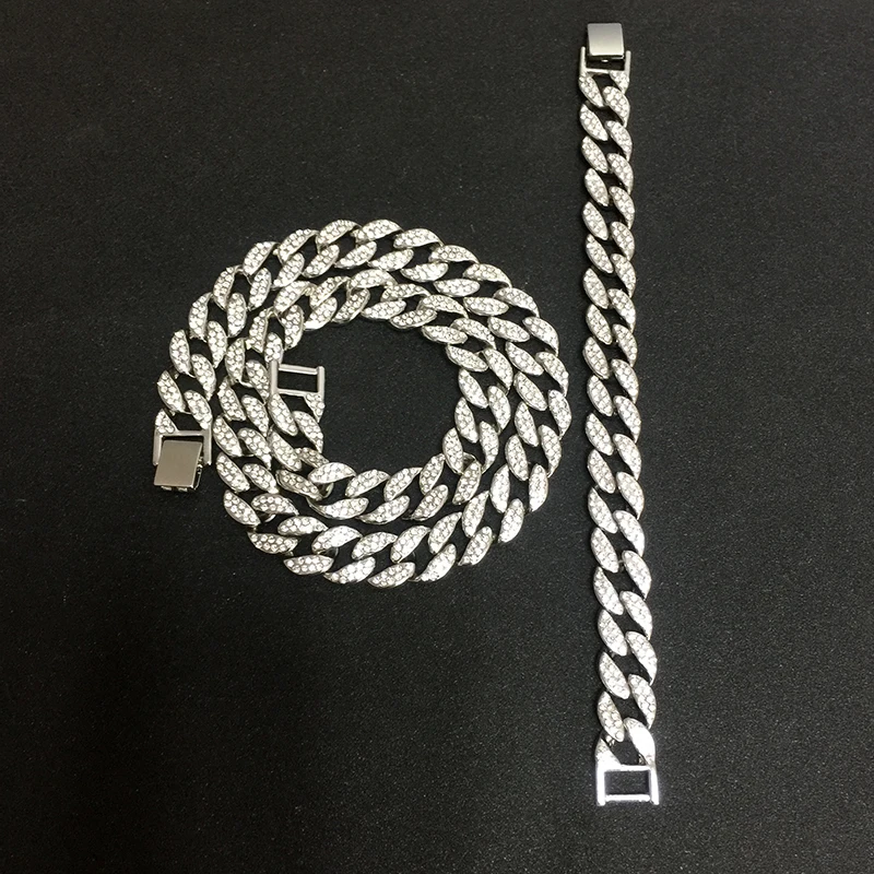 Silver Chain Braclet Золотое ожерелье+ часы+ браслет в стиле хип-хоп, кубинская цепочка в стиле «Майями», вымощенные стразы, CZ Bling Rapper для Мужчин, Ювелирные изделия - Окраска металла: Silver Chain Braclet
