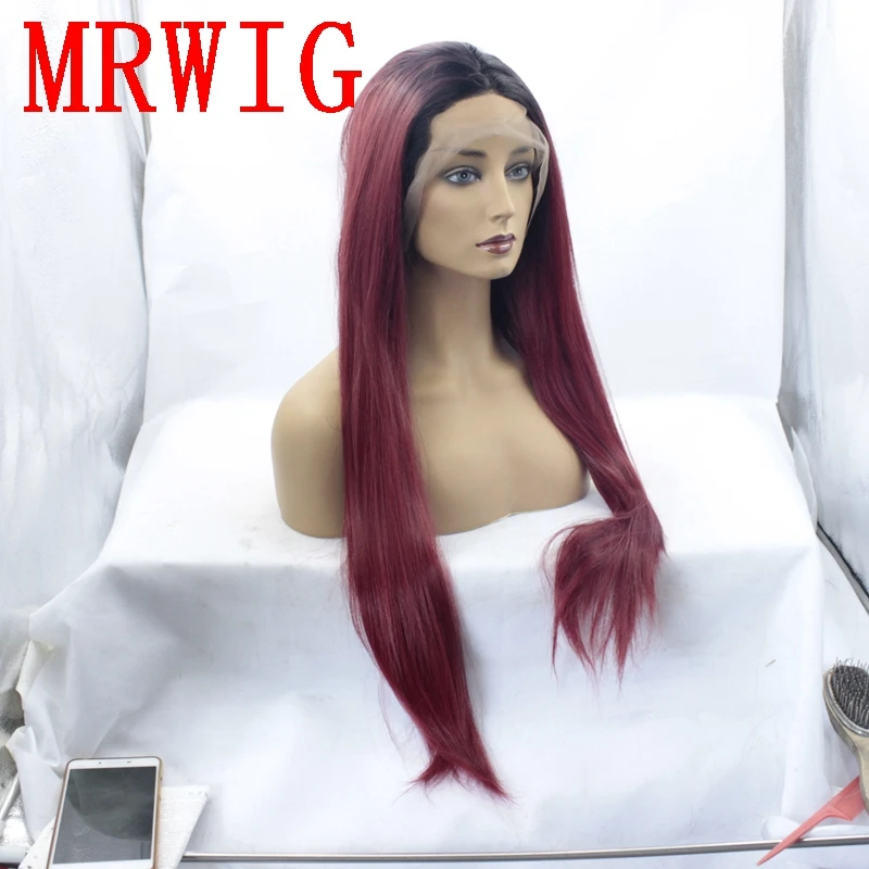 MRWIG средняя часть длинные шелковистые прямые Омбре бордовые волосы синтетические волосы на кружеве парик 2 тона ошибка для африканской maerian женщины